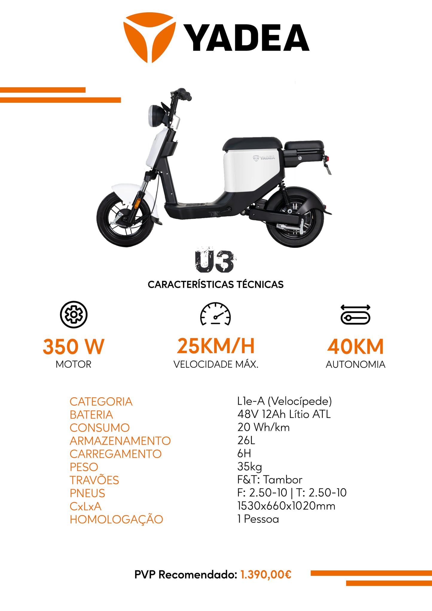 Scooter Elétrica YADEA U3 (Velocípede S/ Carta)
